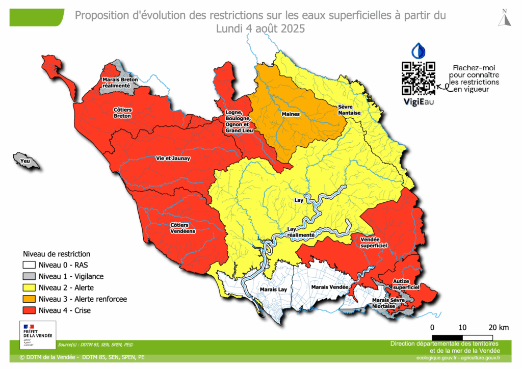 Cartes Vendée : restrictions sur les eaux au 4 août
